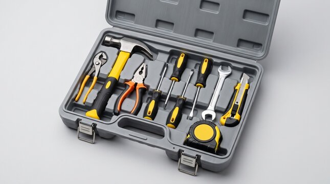 Comprehensive Professional Tool Set in Durable Plastic Case with Hammer Screwdrivers Pliers Wrench and Utility Knife for Home Renovation and DIY.