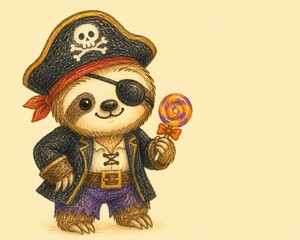 Naklejka premium Cute sloth dressed as a pirate holding a colorful lollipop for Halloween