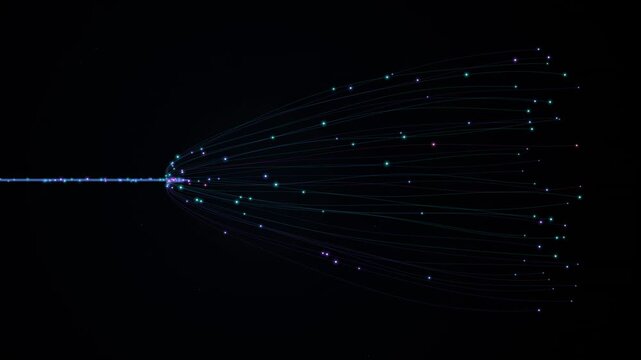 Fiber optic data distribution with glowing particle lines branching out from a single light source, colorful digital high-speed network communication stream on a dark background