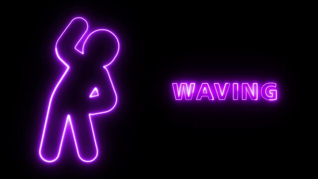 Glowing Neon Sign Featuring a Purple Stick Figure Waving Gesture with Text Overlay for Modern Digital Signage and Visual Communication Design