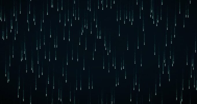 Hexadecimal code symbols fall in a dense storm, creating a futuristic teal circuit animation.