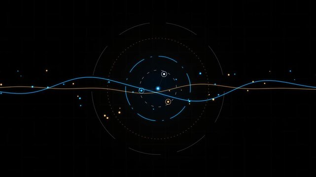 Data visualization digital interface featuring pulsating blue and orange light waves, rotating circular radar elements, glowing particle nodes, and grid background for futuristic technology