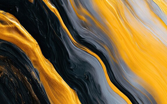 Swirling metallic gold and dark grey abstract textures flow diagonally