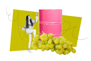 Fototapeta premium Composite art 3d creative image collage of happy girl dance wine grape branch pink barrel juice creation harvest sweet berry