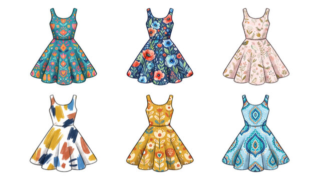 Sleeveless Flared Dress Collection with Different Patterns and Designs, Feminine Fashion Vector Set Isolated on Transparent Background