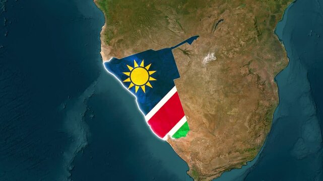 Animated map highlighting namibia with its flag in a flyover motion