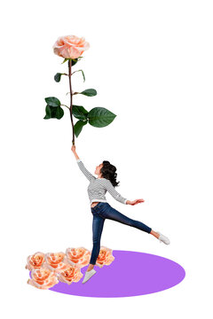 Trend artwork sketch image collage of&nbsp;yellow vibrant color nature flower spring international woman day young lady stand hold hose in hand
