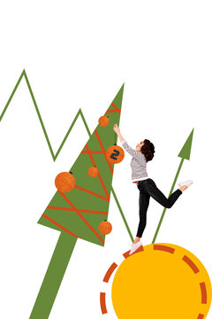 Vertical creative art collage of astonished girl hang bauble xmas eve decor arrow success development graph isolated on painting background