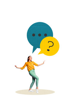 Exclusive image vertical photo collage of happy girl speak bubble communication icon question mark contemplation ponder idea