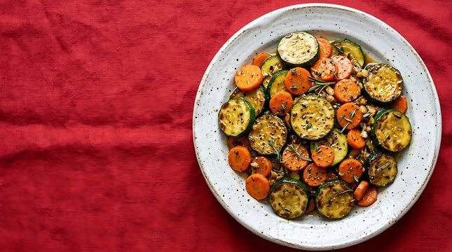 Top view of a plate with roasted zucchini and carrot slices on a vibrant red tablecloth background