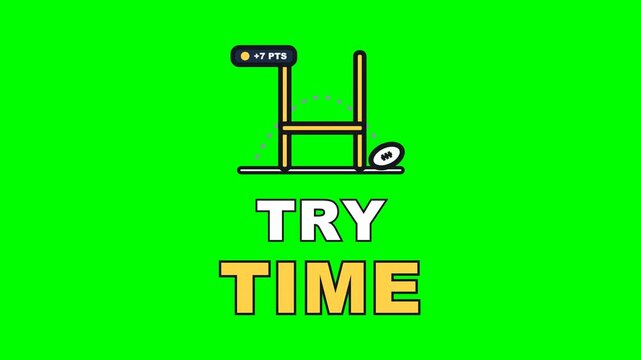 4K green screen TRY TIME animated text - the ball tumbling end over end through the uprights, kinetic typography sports overlay for match edits and social media, chroma key