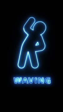 Neon blue glowing sign displaying a stylized human stick figure waving hello or goodbye against a dark background