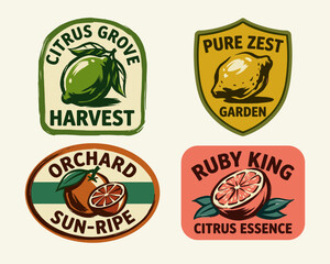 Fototapeta premium Vintage citrus fruit labels collection. Retro hand-drawn lime, lemon, and grapefruit emblems. Orchard harvest organic farm badge design set.