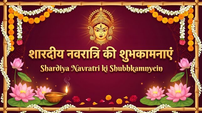 Shardiya navratri ki shubhkamnaye hindu festival greeting card with goddess durga face and lotus flowers.