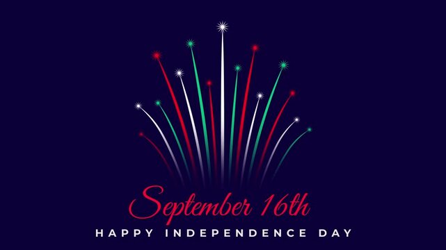 September 16 mexico independence day. Mexican colorful fireworks flag on abstract blue night sky. National holiday september 16th, mexican independence day. Banner, 2D animation, seamless loop