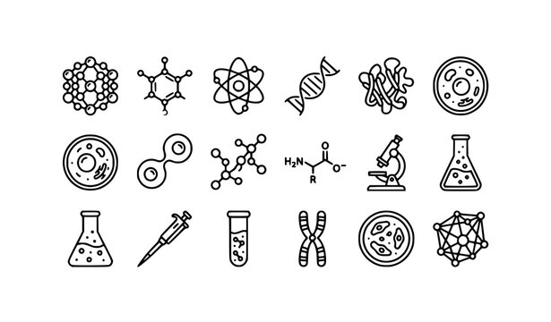 Molecular biology DNA protein cell and chemistry research editable line icons
