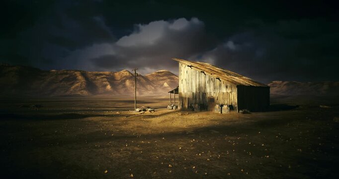 weathered barn beneath stormy clouds, corrugated siding catching golden light, scattered debris, distant mesa, gritty foreground, cinematic tension