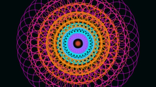 Geometric mandala illustration features intricate circular patterns and vibrant neon colors against a dark background.