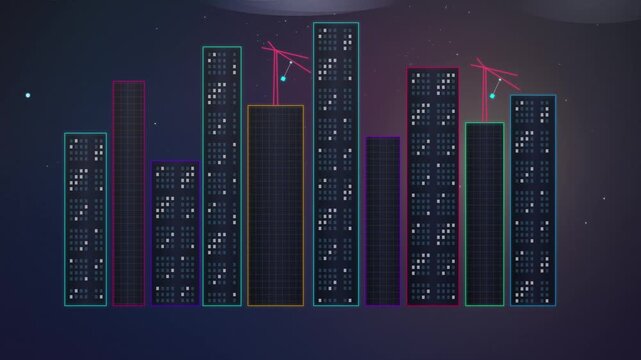Neon city skyline animation with glowing colorful skyscraper buildings, flickering windows, swinging construction cranes, and sparkling star particles against a dark cosmic night sky