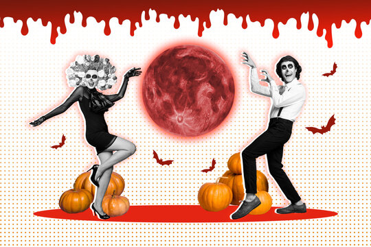 Composite photo collage of two caballero girl guy dance together halloween party celebration mexico bat isolated on painted background