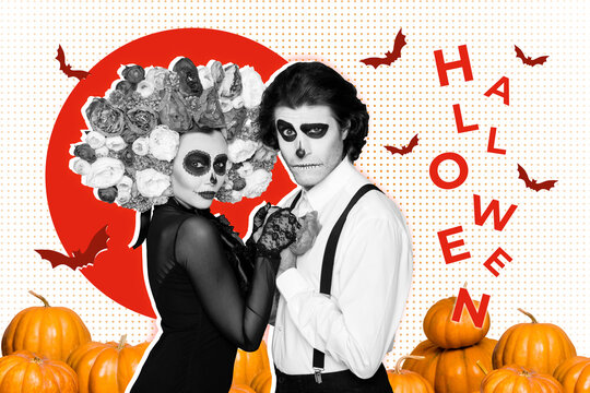 Composite photo collage of two caballero girl guy hug together halloween party celebration mexico bat isolated on painted background