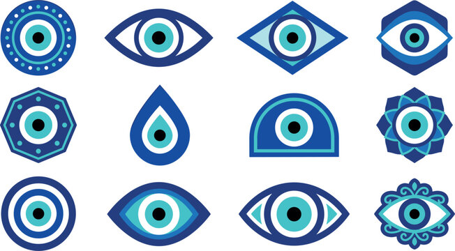 Blue evil eye protective amulets set vector illustration with various geometric shapes greek nazar boncugu icons for mystical spiritual esoteric and talisman design concepts.