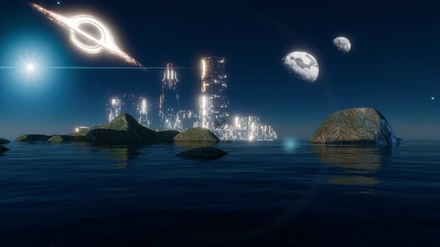 
A science fiction scene in a fantasy world with spaceships and space stations.
