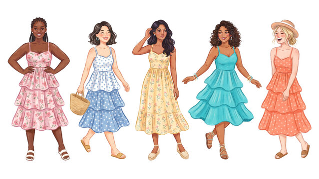 Diverse Women Wearing Spaghetti Strap Summer Dresses with Layered Ruffled Skirts in Different Poses, Fashion Vector Collection Isolated on Transparent Background
