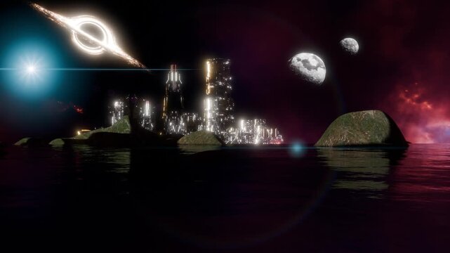 
A science fiction scene in a fantasy world with spaceships and space stations.