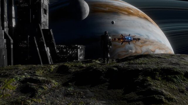 A science fiction scene in a fantasy world with spaceships and space stations.