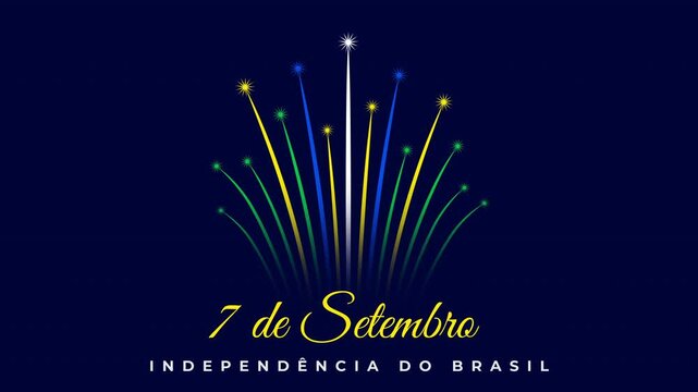 September 7, brazil independence day. Brazilian fireworks flag on abstract blue night sky. National holiday. Banner, 2D animation, seamless loop. Translation September 7th Independence Day of Brazil