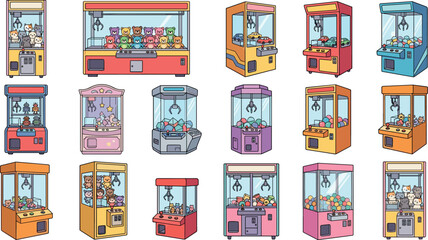 Fototapeta premium Amusement arcade claw crane machine vector icons set featuring colorful vintage retro game cabinets filled with plush toys isolated on white background, 19 words.