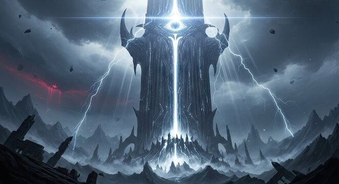 Dark fantasy tower with glowing energy portal and lightning bolts.