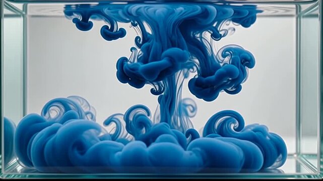 Cinematic footage of deep blue ink diffusing and swirling in a clear water tank, creating organic fluid shapes for abstract backgrounds.
