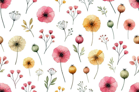 beautiful hand drawn flowers bunches and leaves seamless vector background