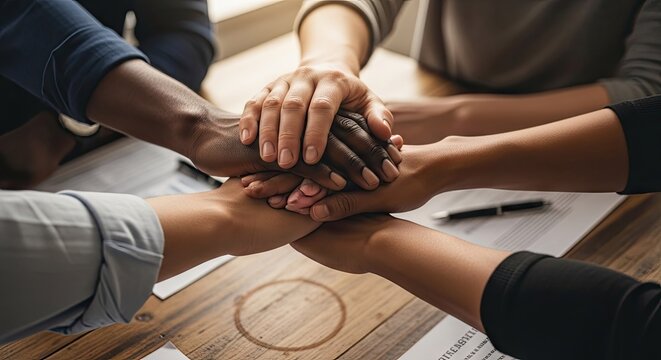 Multiracial business team stacking hands in solidarity.