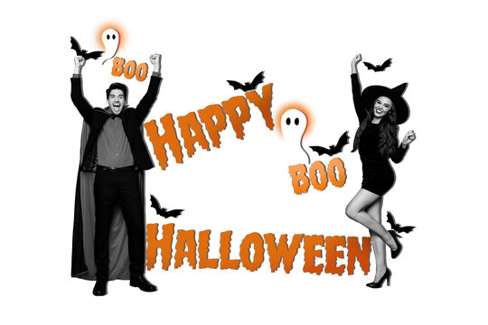 Composite artwork sketch collage of poster happy halloween autumn holiday spooky season young lady man wizard stand together ghost boo