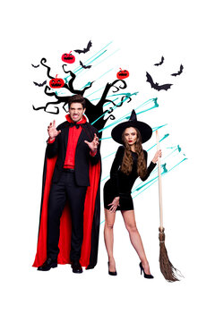 Vertical photo collage of two happy man vampire girl witch halloween masquerade party tree pumpkin holiday isolated on painted background