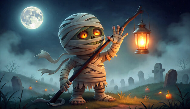 Cute cartoon mummy standing in a spooky graveyard at night, holding a wooden stick with a glowing lantern. Halloween scene with a full moon, misty atmosphere, tombstones, and tiny pumpkins.
