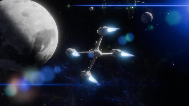 A science fiction scene in a fantasy world with spaceships and space stations.