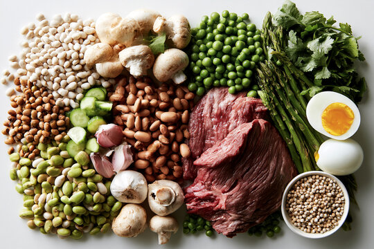 Selection of healthy food ingredients featuring meat beans eggs greens