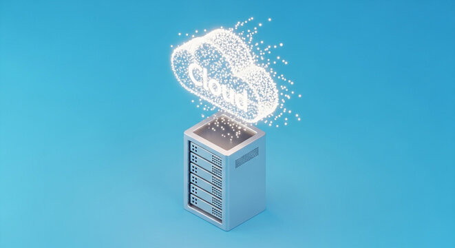 A server rack with data flowing into a glowing wireframe cloud icon, symbolizing cloud computing and digital data transfer on a blue background.
