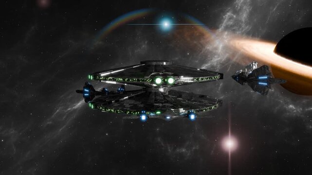 A science fiction scene in a fantasy world with spaceships and space stations.