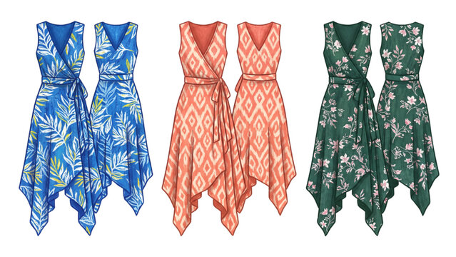 Women&rsquo;s Sleeveless Wrap Dress Collection with Handkerchief Hem and V-Neckline in Various Styles, Front and Back Views, Fashion Vector Set
