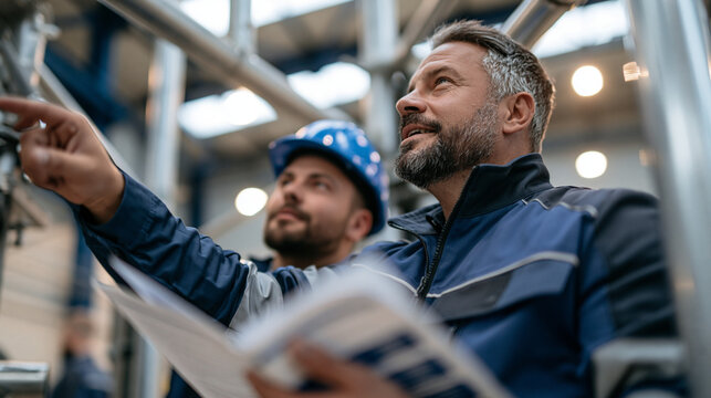 A safety coordinator in a factory speaks directly to a trainee while pointing toward a specific part of the training rig, low-angle architectural wide shot that emphasizes the trai