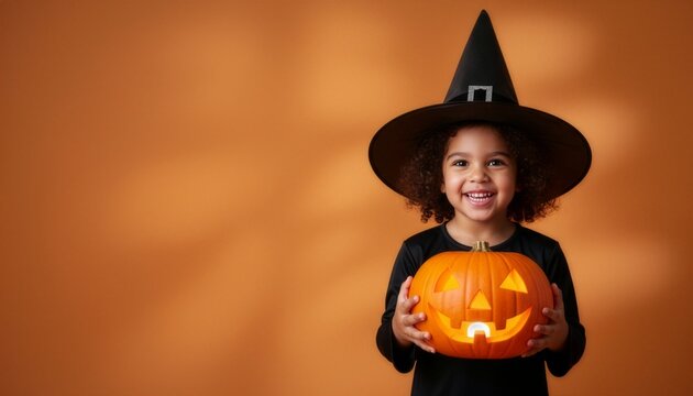 Happy little girl wearing a black witch hat and costume, smiling while holding a glowing jack-o'-lantern pumpkin. Halloween studio portrait on an orange background with copy space.