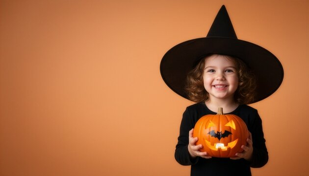 Happy little girl with wavy hair wearing a black witch hat and smiling while holding a carved pumpkin. Halloween studio portrait on a solid orange background with generous copy space.