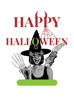 Vertical photo collage of happy witch girl wear bad fairy costume bat mask halloween party skeleton hands isolated on painted background