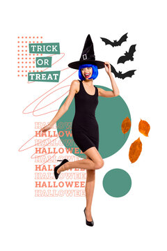 Vertical photo collage of happy witch girl wear blue hairdo wig costume halloween bats carnival isolated on painted background
