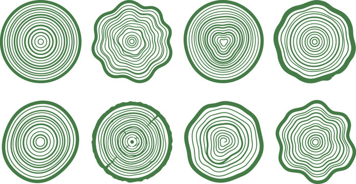 Green tree rings vector set, organic wood cross section icons, 8 natural timber trunk growth ring patterns for eco branding